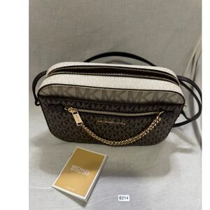 MICHAEL KORS Jet Set Travel Logo Camera Bag Brown White Gold Chain#214